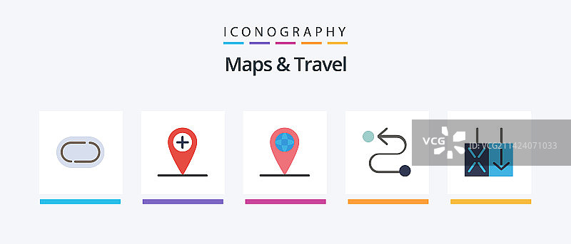 地图与旅行扁平风格5图标包，包含各种元素图片素材