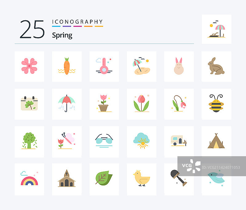 春季25扁平彩色图标包，包括复活节图片素材