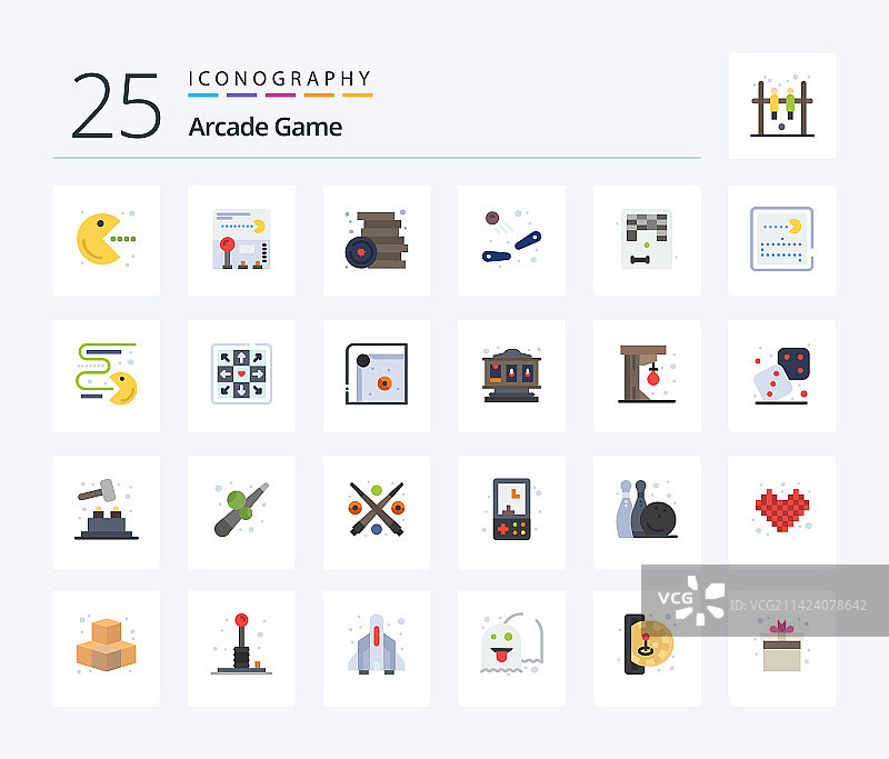 包含打砖块游戏的街机25扁平风格彩色图标包图片素材