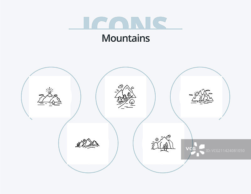 山脉线性图标包（5个自然图标设计）图片素材