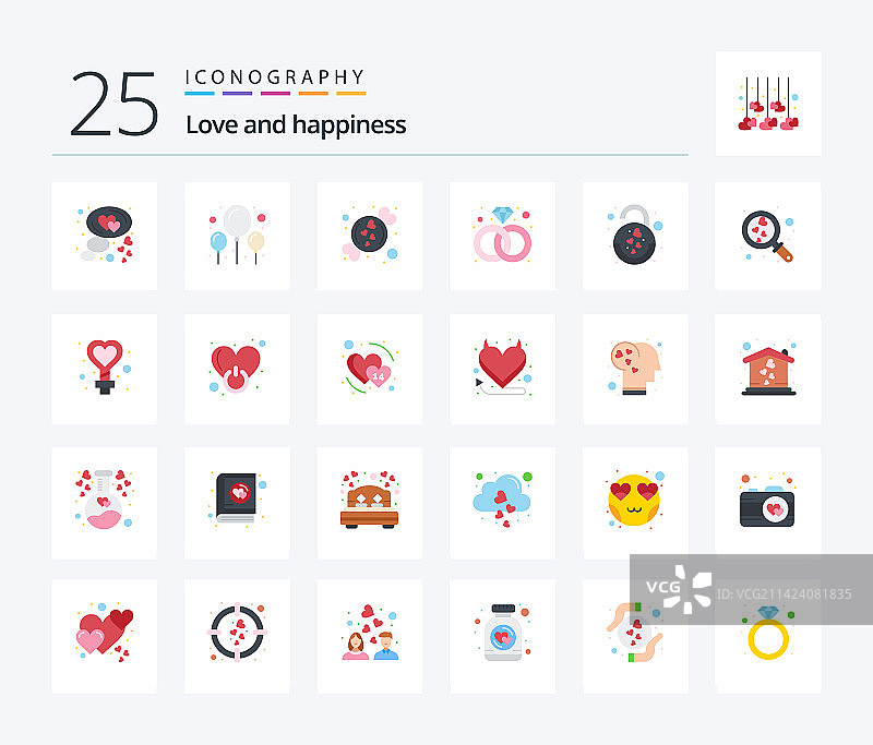 包含心形锁的25个扁平彩色爱情图标包图片素材