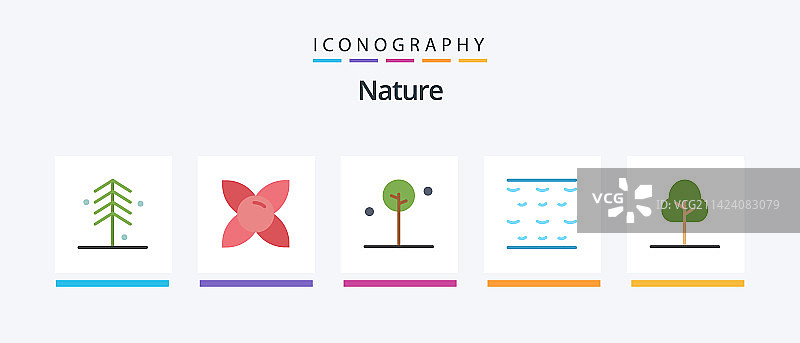 自然扁平风格5图标包，包含自然树木图片素材