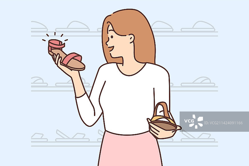 微笑的女人在精品店里挑选鞋子图片素材