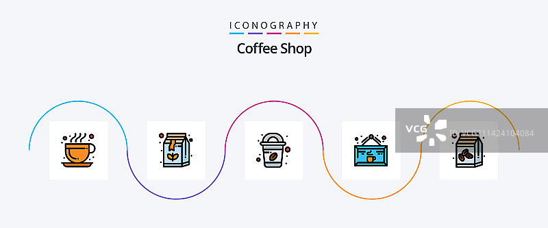 咖啡店线性填充扁平图标包，5个图片素材