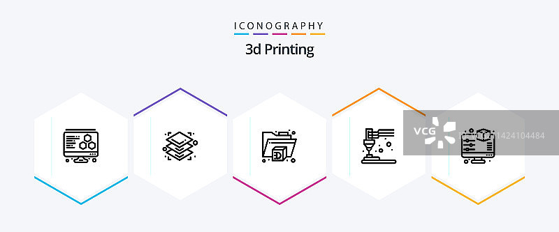 包含预览的25个3D打印线性图标包图片素材
