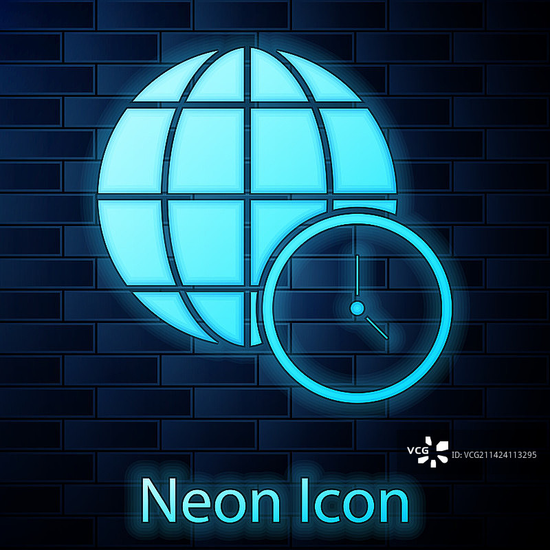 砖墙上发光霓虹世界时间图标图片素材