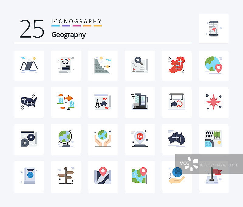 地理25个扁平彩色图标包图片素材