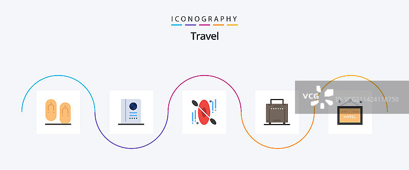 旅行主题扁平风图标包，包含旅行酒店元素图片素材