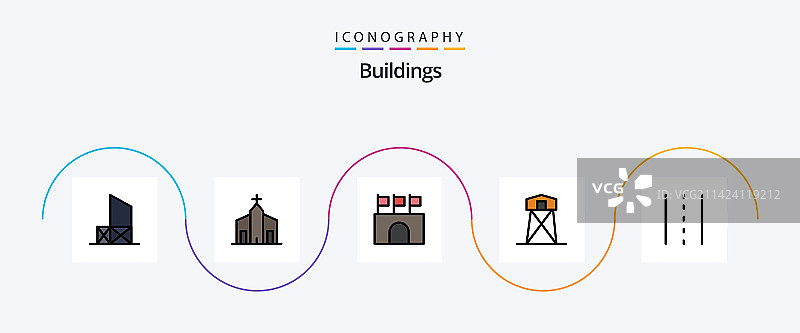 包含内容的建筑物线条填充扁平5图标包图片素材