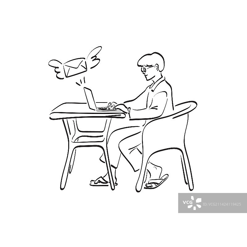 用笔记本电脑发送邮件的线条艺术男人图片素材