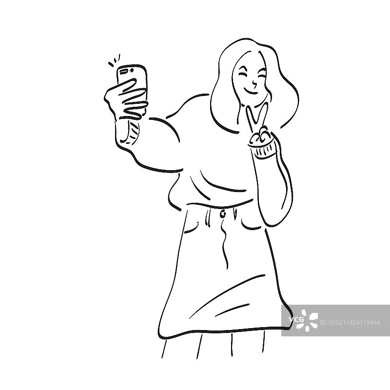 女人用智能手机拍照（线条艺术）图片素材