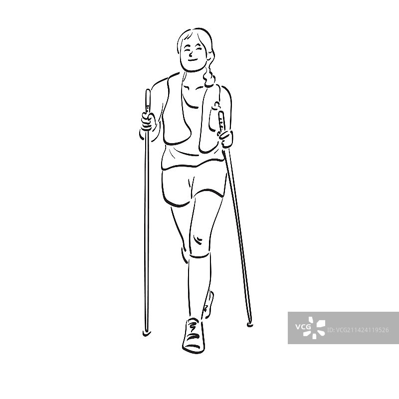 使用登山杖的徒步女子线条画图片素材