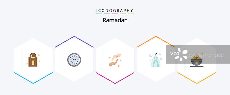 包含枣椰树和清真寺的斋月扁平图标包图片素材