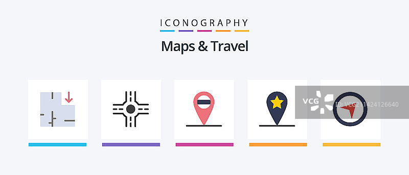 地图与旅行扁平风格5图标包，包含各种元素图片素材