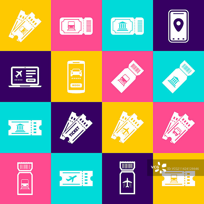 火车票、公交车、博物馆在线汽车共享图标设置图片素材