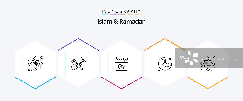伊斯兰教与斋月25个线性图标包，包含艺术元素图片素材