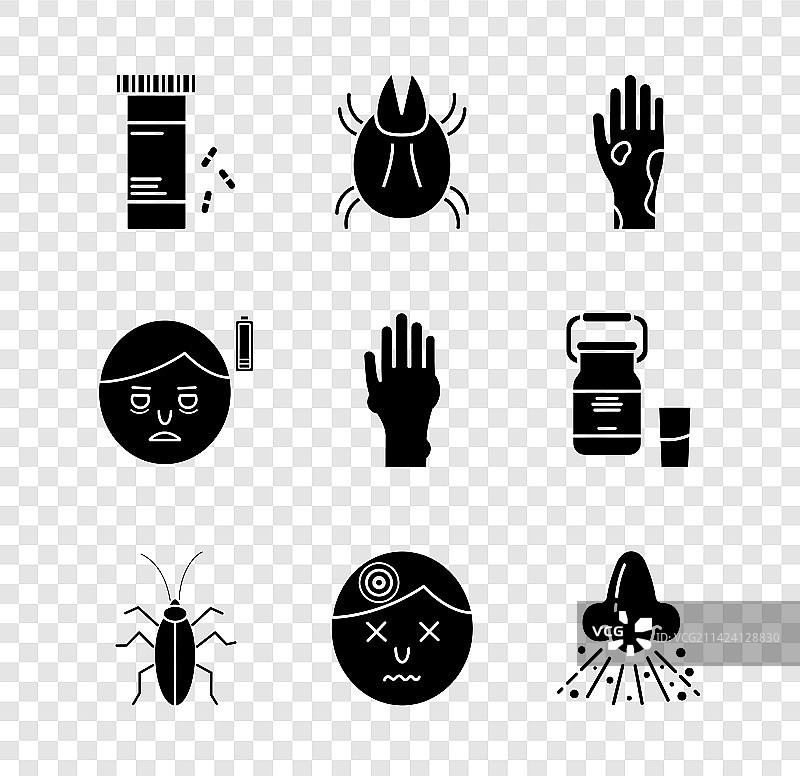 药瓶药丸和寄生螨虫手套装图片素材