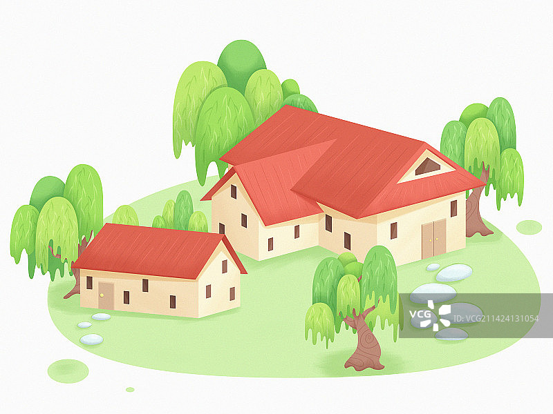 柳树红瓦房屋小场景图片素材