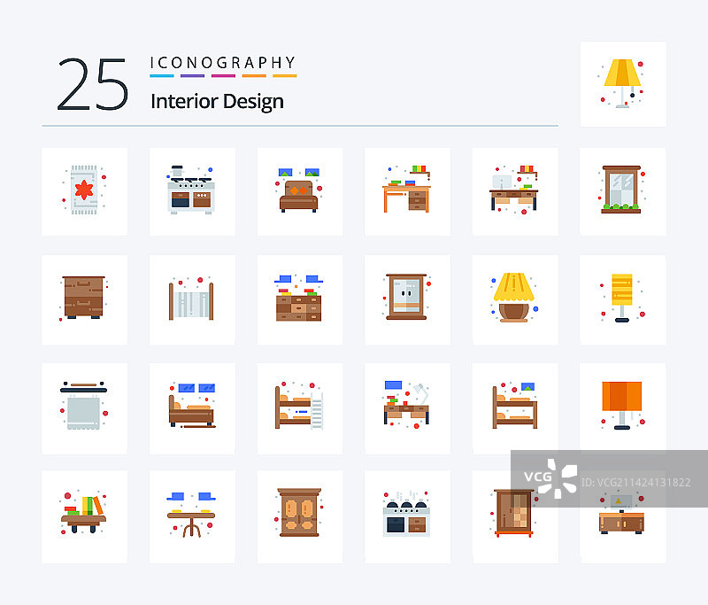 室内设计25个扁平风格彩色图标包图片素材