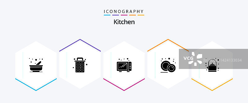 包含茶的25个厨房字形图标包图片素材