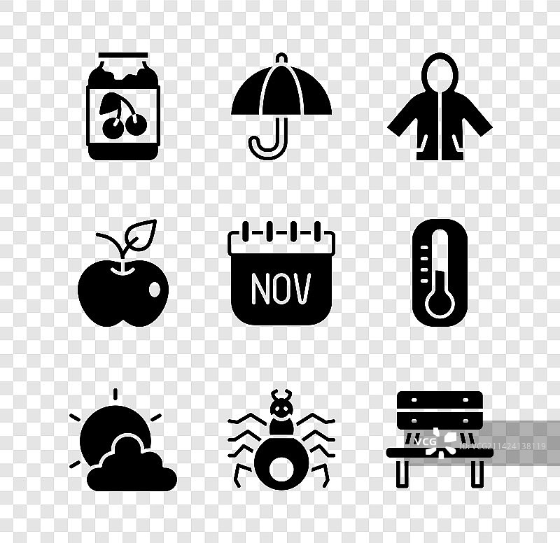 果酱罐、雨伞、雨衣、太阳和云朵套装图片素材