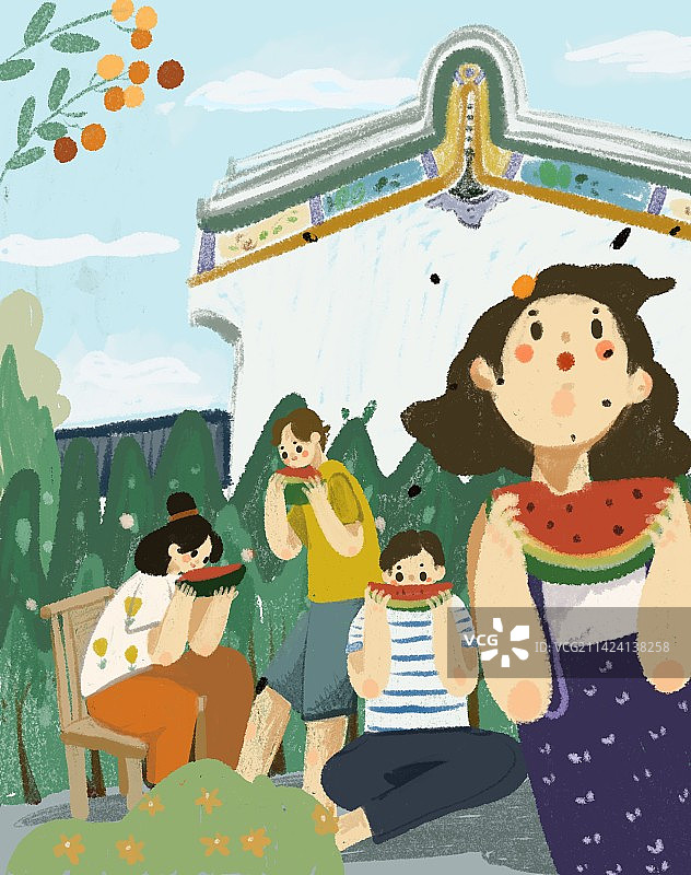 夏天一群孩子在民宅前吃西瓜图片素材