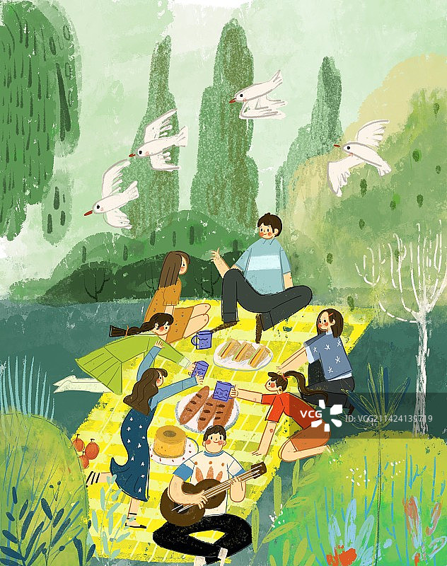 春天一群人在郊外草地上野餐图片素材