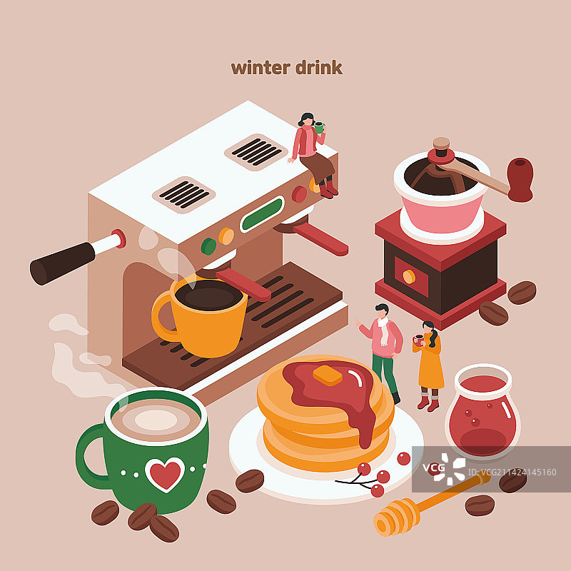 咖啡、咖啡机、咖啡粉、薄煎饼和枫糖浆图片素材