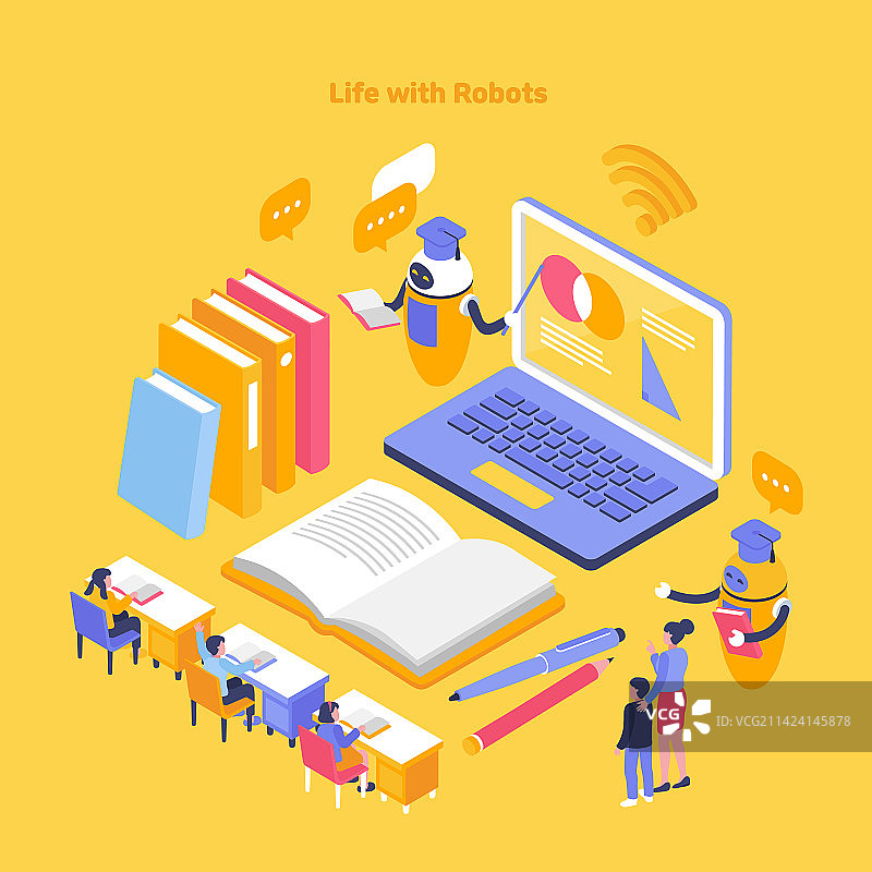 生活方式：机器人，便利，人工智能，笔记本电脑，教学，教育，书籍，学生，老师图片素材