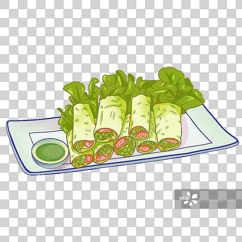 清新的一盘春卷美食素材 生菜火腿 调味酱图片素材