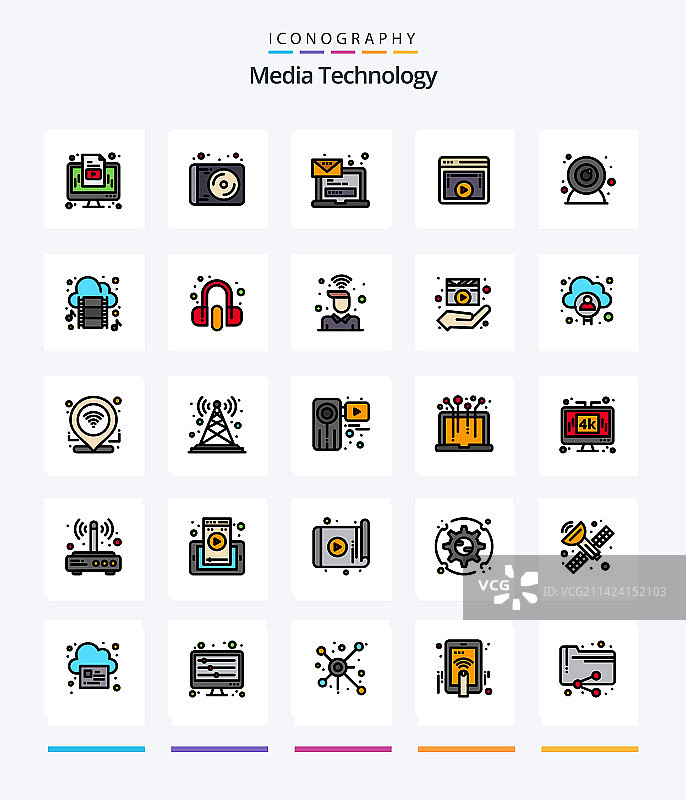 创意媒体技术25个线条填充图标图片素材