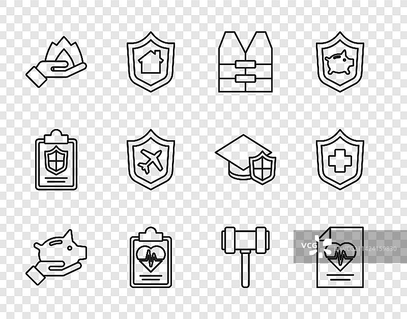 线条图标：存钱罐、医疗保险、救生衣图片素材