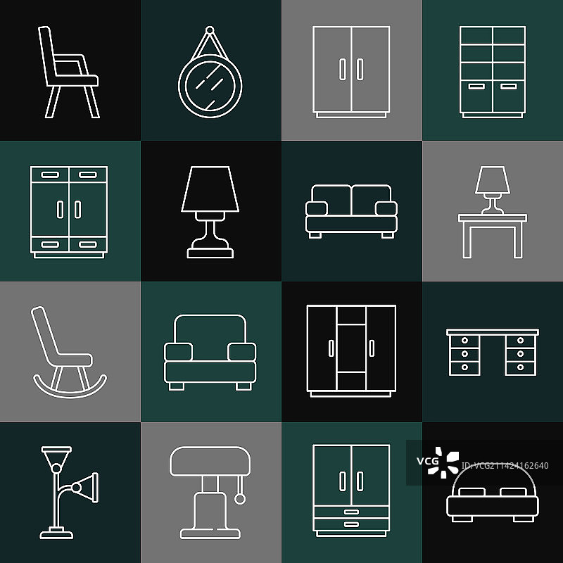 大床、办公桌和桌上台灯系列图标图片素材