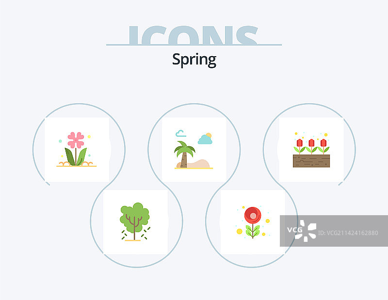 春季扁平风图标包：花朵与树木设计图片素材