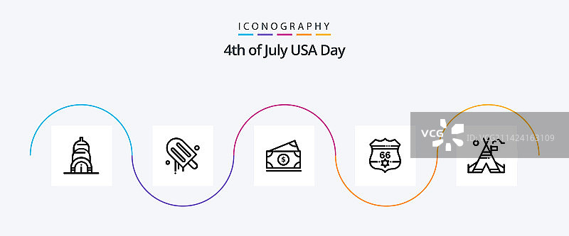 美国线性图标包5，包含露营帐篷图片素材