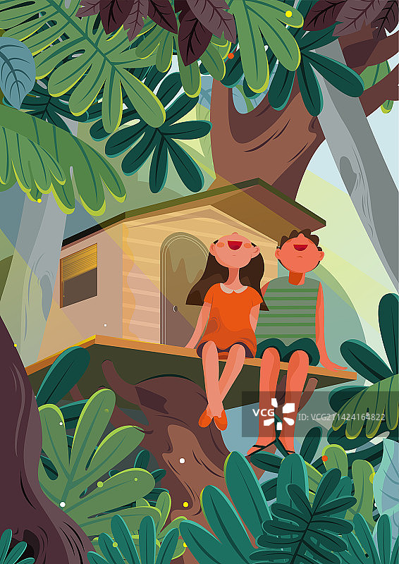 夏天小伙伴在树屋上玩耍图片素材