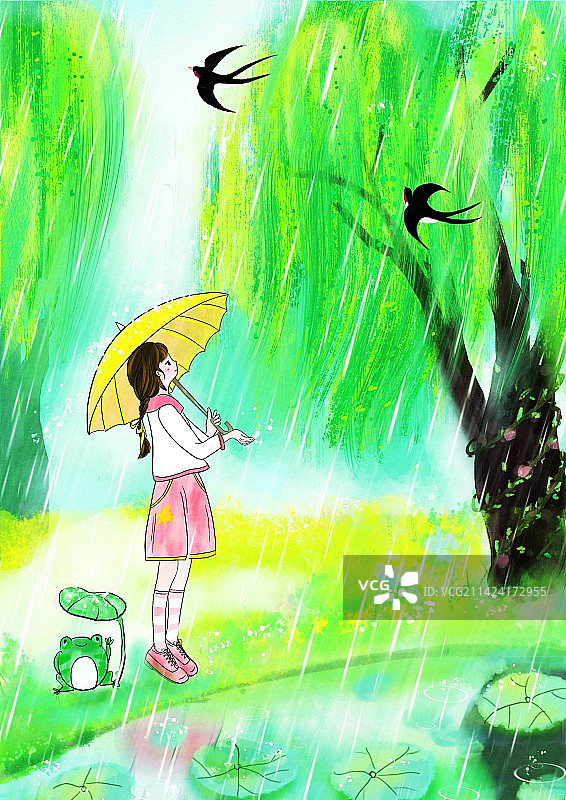 春天雨水节气柳树女孩图片素材