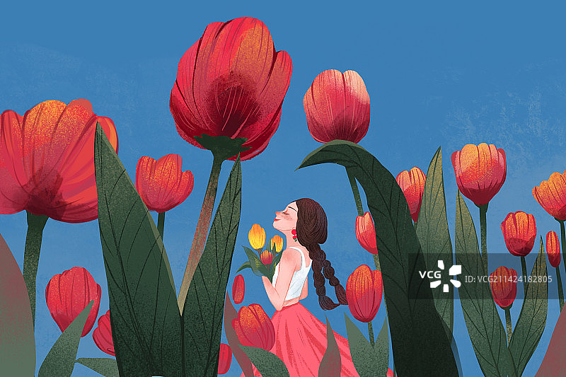 春天郁金香花田里的女孩图片素材