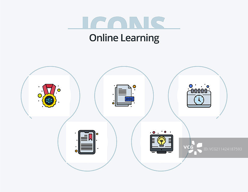 在线学习线性填充图标包5个图标图片素材