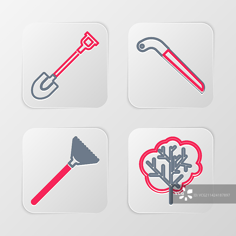 树、耙子、肥料等线性图标图片素材