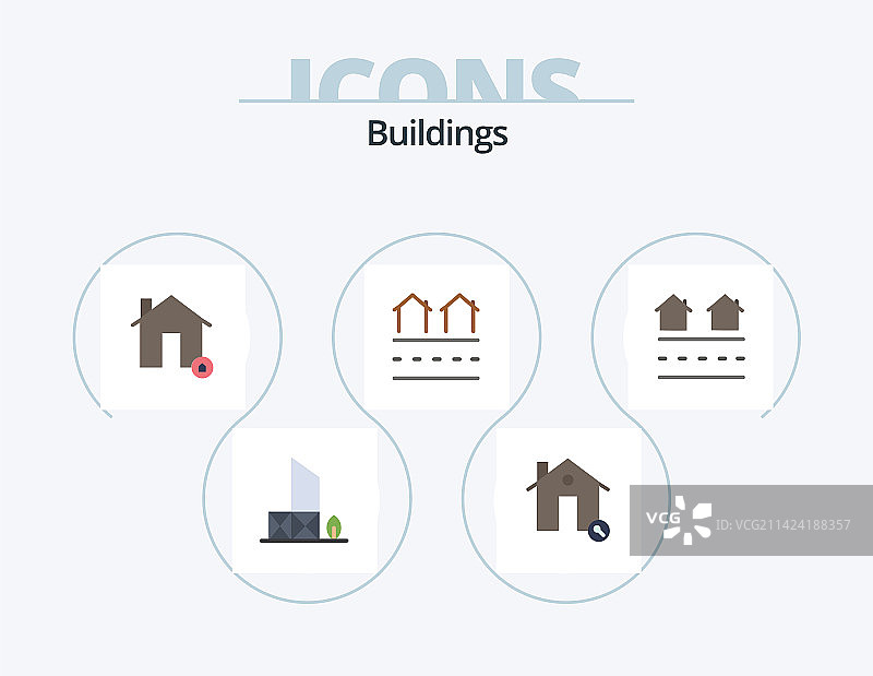 扁平风格建筑图标套装，含5个房屋设计图标图片素材