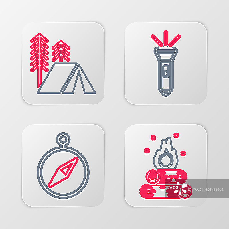 篝火、指南针、手电筒和游客线条图片素材