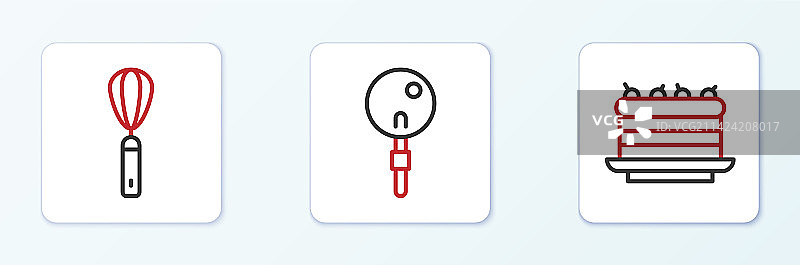 蛋糕、厨房搅拌器和棒棒糖图标组合图片素材