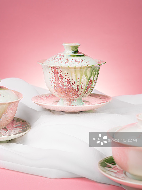 景德镇高温窑变釉陶瓷杯、主人杯、盖碗、茶盘外观、细节特写图片素材