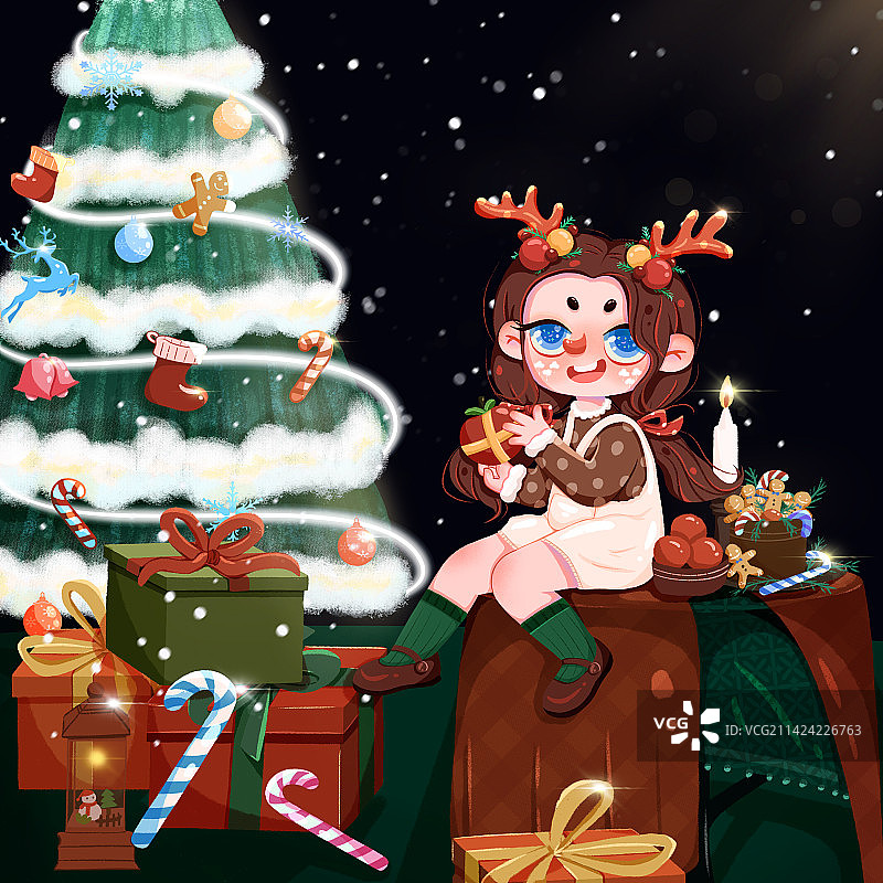 圣诞树下女孩在礼物堆里仰望星空图片素材
