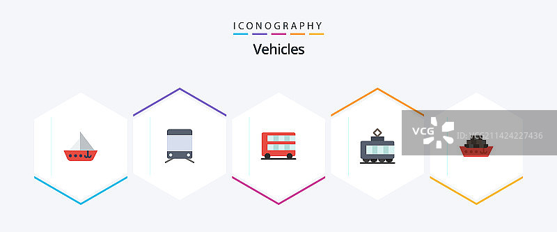 包含轮船的25个扁平风格车辆图标包图片素材
