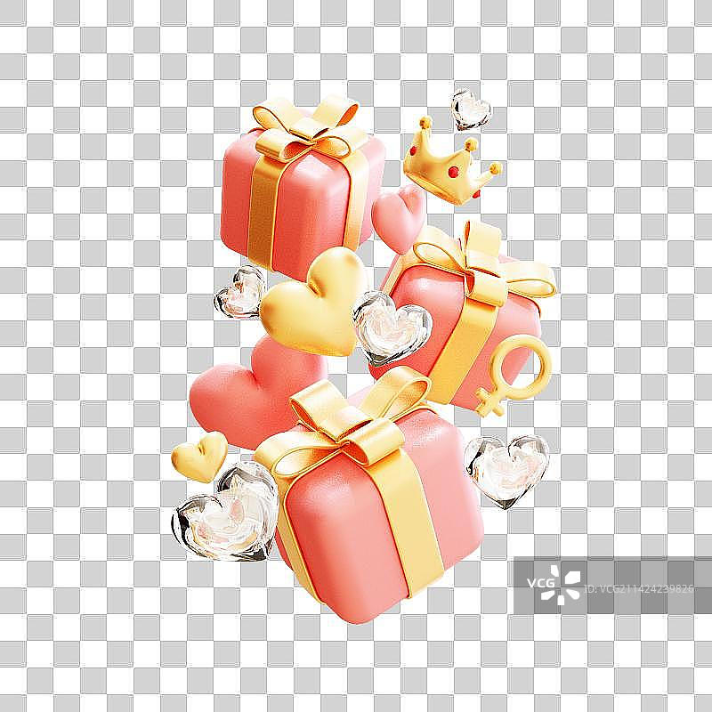 3D立体粉色礼盒水晶爱心元素图片素材