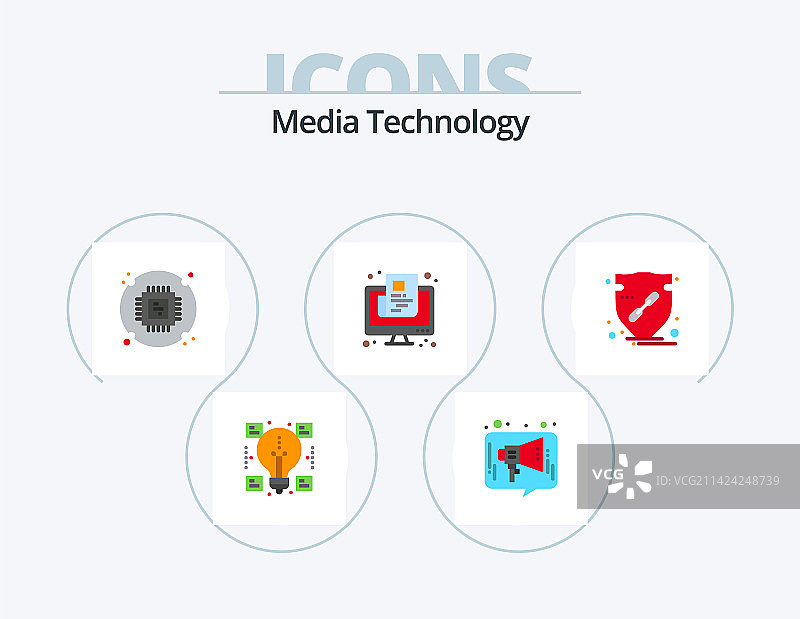 媒体技术扁平风格图标包，5个图标设计图片素材