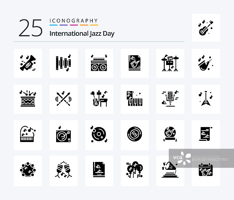 国际爵士乐日25个实心字形图标包图片素材