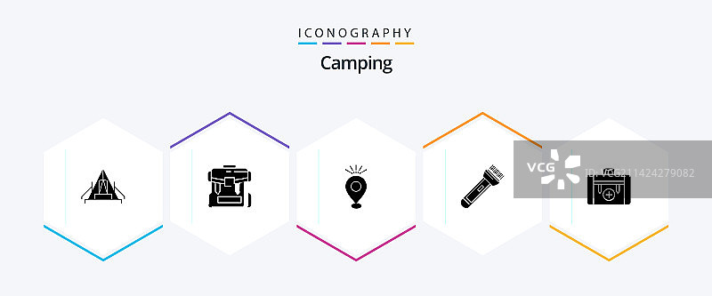 露营25字形图标包，含照明地图图片素材
